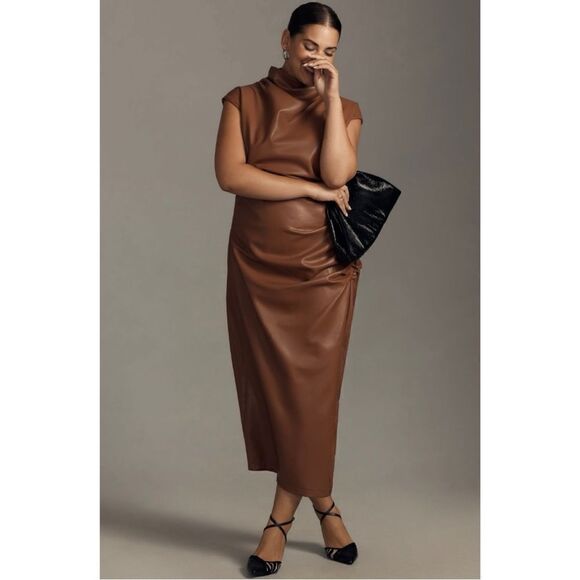 faux leather trim dress PONTE FLARE DRESS WITH VEGAN LEATHER TRIM Olive / XS main image 0